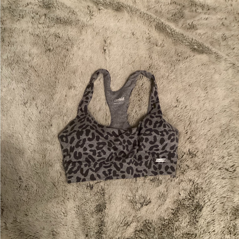 Bombshell Sportswear Gray Leopard Print Sports Bra